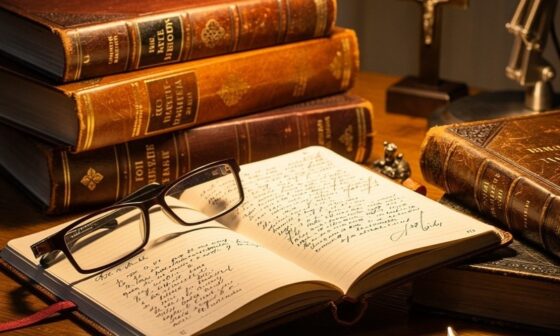 A professional, scholarly environment with theology books and a notebook, focusing on the study of scripture. Warm, inviting office lighting.