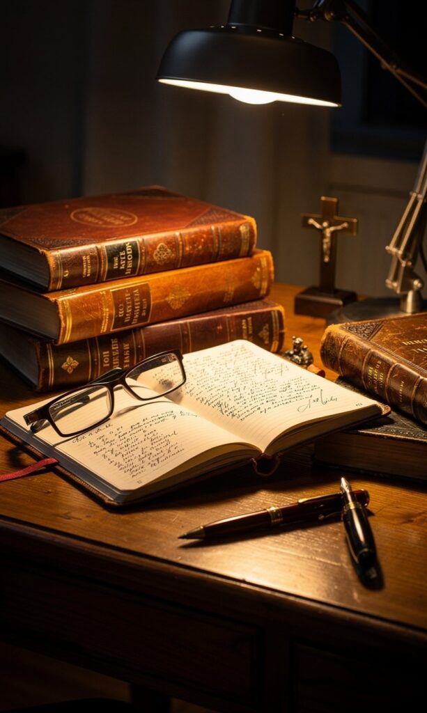 A professional, scholarly environment with theology books and a notebook, focusing on the study of scripture. Warm, inviting office lighting.