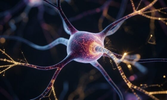 A macro, abstract render of vibrant neural pathways connecting in the dark. Deep blues, purples, and gold filaments. High detail, sharp focus, scientific but artistic.
