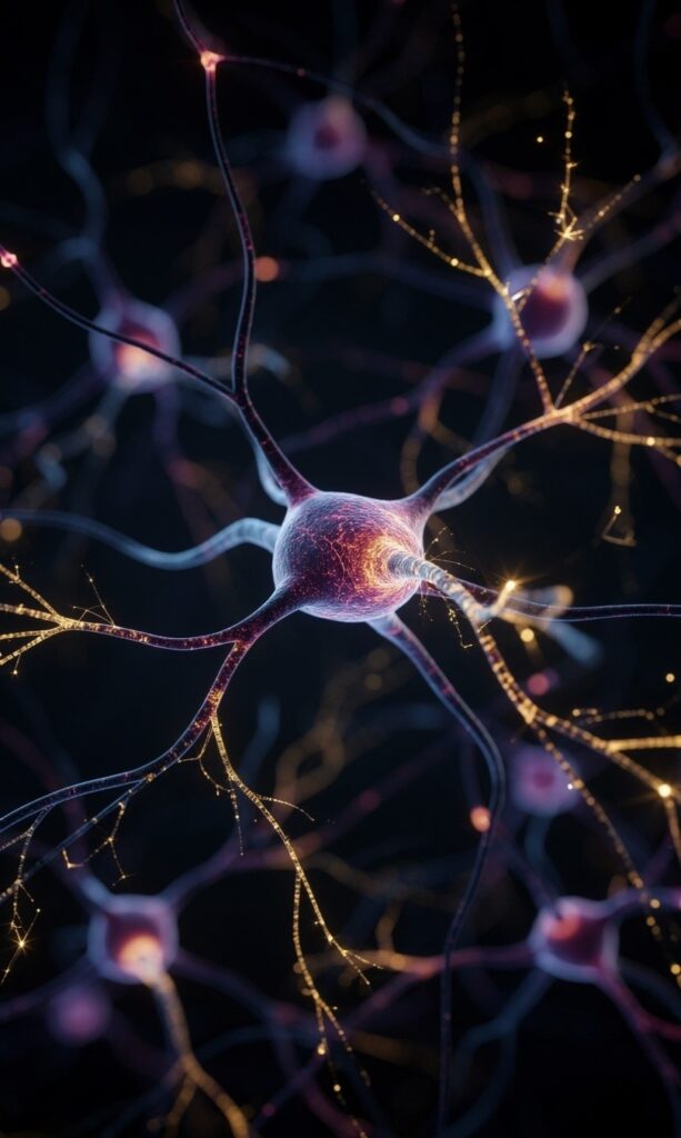 A macro, abstract render of vibrant neural pathways connecting in the dark. Deep blues, purples, and gold filaments. High detail, sharp focus, scientific but artistic.