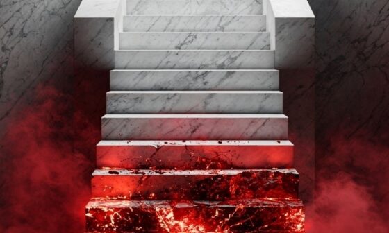 A marble staircase gradually melting into rough, cracked stone at the base, representing the slow crawl of creeping normality.