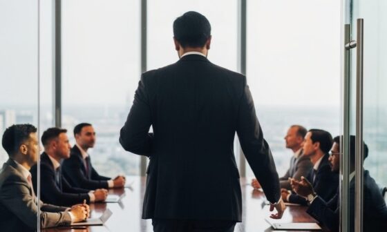 A high-quality, cinematic photo of a professional person walking into a bright, modern, high-end business conference room filled with successful people. Warm lighting, sharp focus, professional atmosphere, minimalist style.