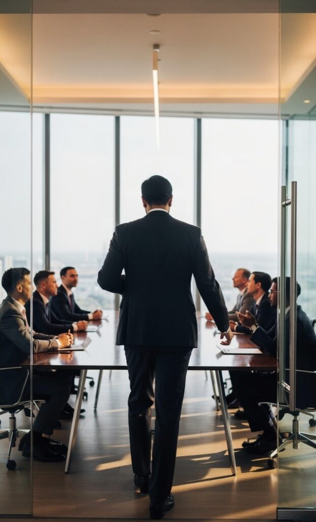 A high-quality, cinematic photo of a professional person walking into a bright, modern, high-end business conference room filled with successful people. Warm lighting, sharp focus, professional atmosphere, minimalist style.