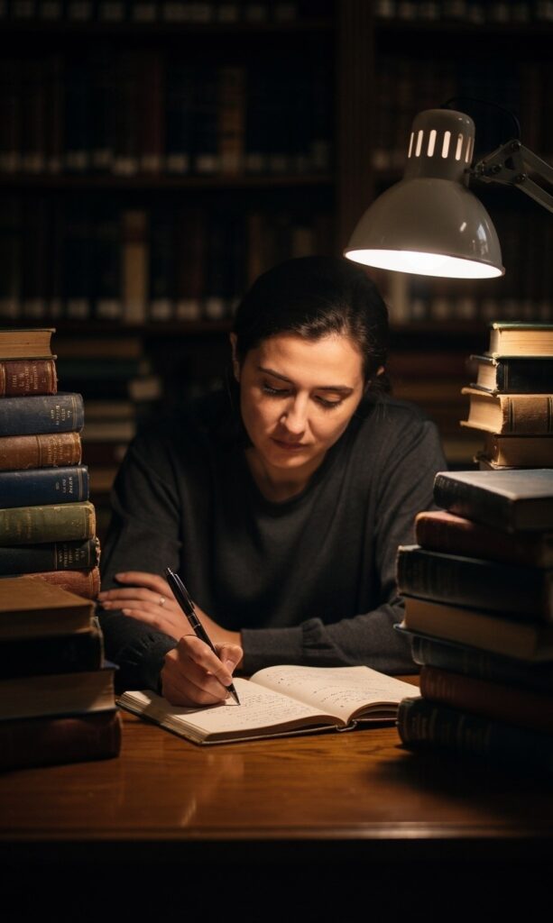 A person sitting at a desk surrounded by books, engaged in deep, focused study and contemplation.