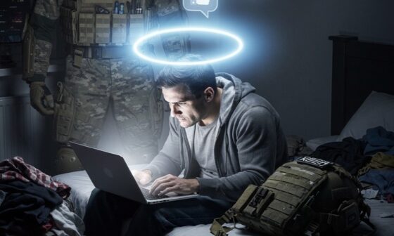 A conceptual illustration of a man typing on a laptop under a halo of glowing social media likes, completely ignoring his tactical gear resting nearby.