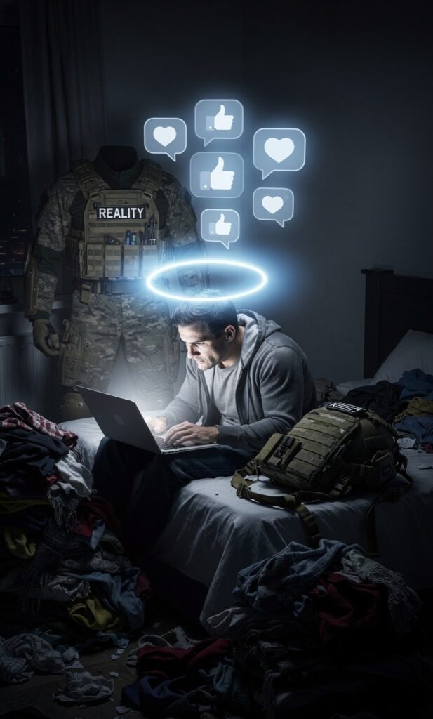 A conceptual illustration of a man typing on a laptop under a halo of glowing social media likes, completely ignoring his tactical gear resting nearby.