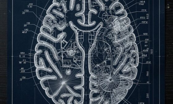 A sophisticated, blueprint-style technical drawing of a human brain on a dark desk. White lines on a deep blue background. Minimalist, architectural, clean.