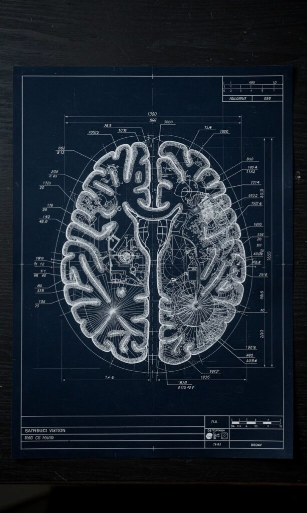 A sophisticated, blueprint-style technical drawing of a human brain on a dark desk. White lines on a deep blue background. Minimalist, architectural, clean.
