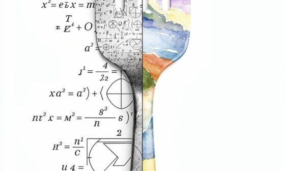 A sleek conceptual graphic of a heavy iron fork split down the middle, separating sharp geometric equations on one side from fluid watercolor landscapes on the other.