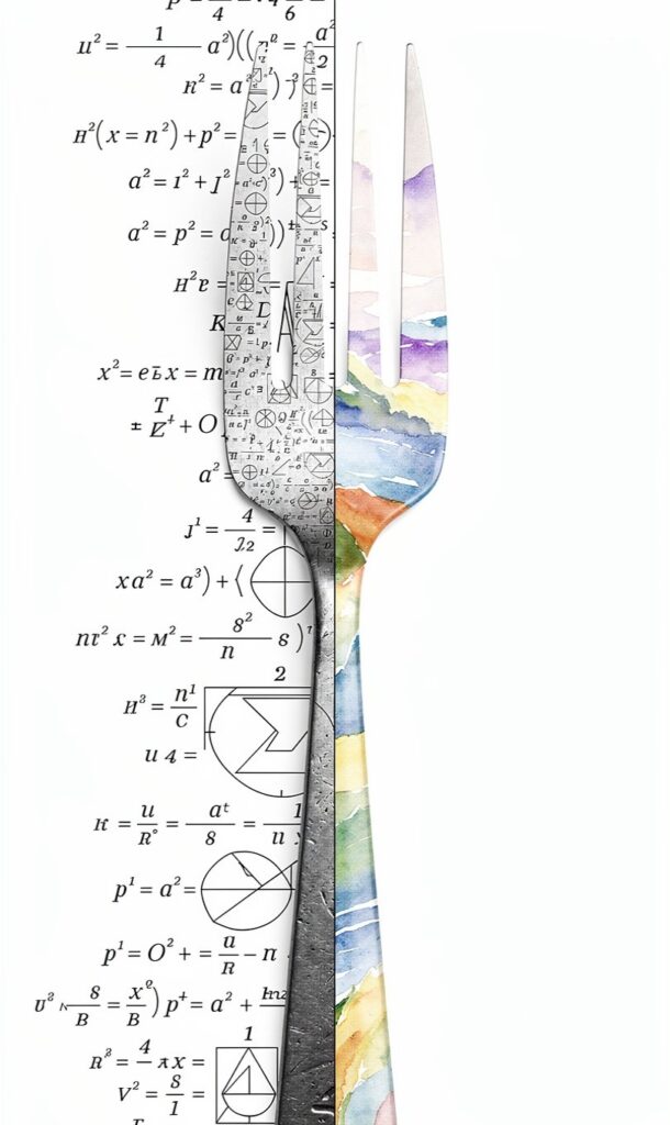 A sleek conceptual graphic of a heavy iron fork split down the middle, separating sharp geometric equations on one side from fluid watercolor landscapes on the other.