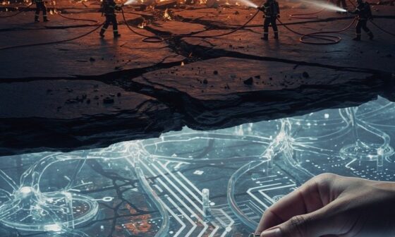 A conceptual editorial illustration showing a surface fire being fought by tiny silhouettes of a fire brigade. Below the ground, a transparent, glowing matrix of technical paths and circuit wires reveals a single golden master switch being calibrated by human hands, demonstrating the process of auditing the root cause of a system failure.