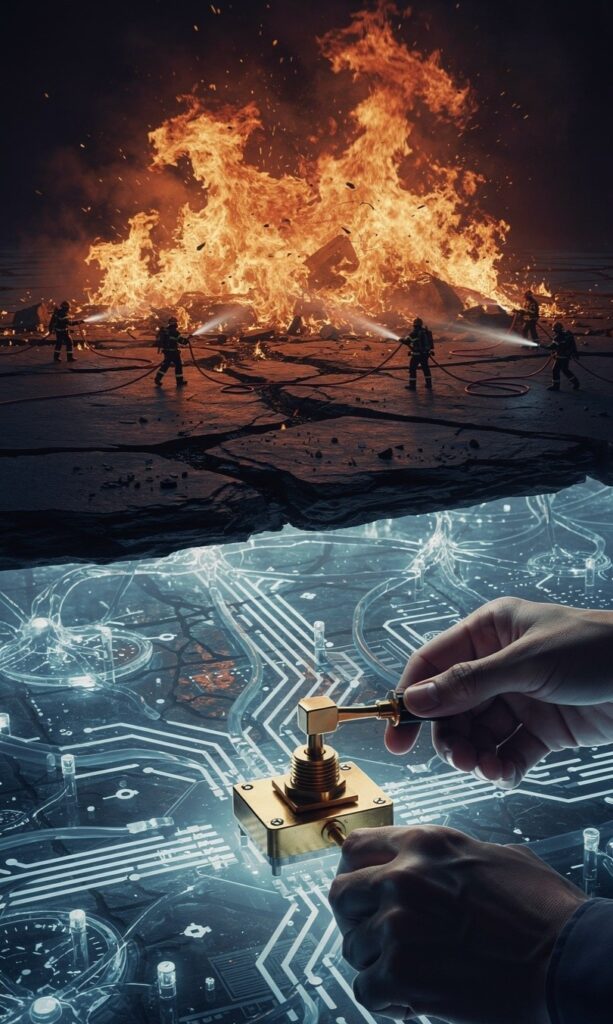 A conceptual editorial illustration showing a surface fire being fought by tiny silhouettes of a fire brigade. Below the ground, a transparent, glowing matrix of technical paths and circuit wires reveals a single golden master switch being calibrated by human hands, demonstrating the process of auditing the root cause of a system failure.