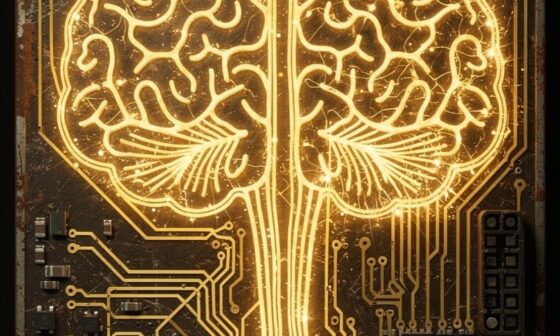 A sharp conceptual graphic depicting a vintage motherboard with glowing, bright golden circuits tracing out human neural paths instead of standard wiring.