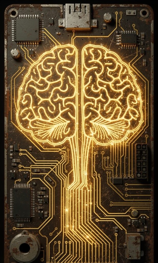 A sharp conceptual graphic depicting a vintage motherboard with glowing, bright golden circuits tracing out human neural paths instead of standard wiring.