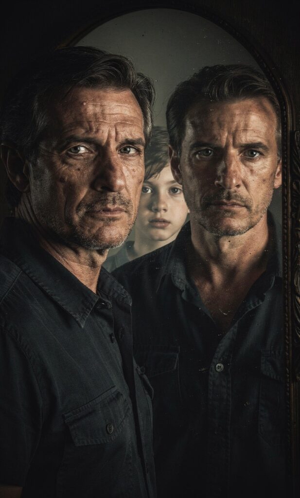 A man sees his younger self fading as maturity and responsibility emerge, symbolizing the transition into manhood.