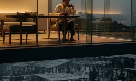 A calm person inside a modern glass room held up by the strained backs of a silhouetted crowd, illustrating how individual peace can be subsidized by the work of others.