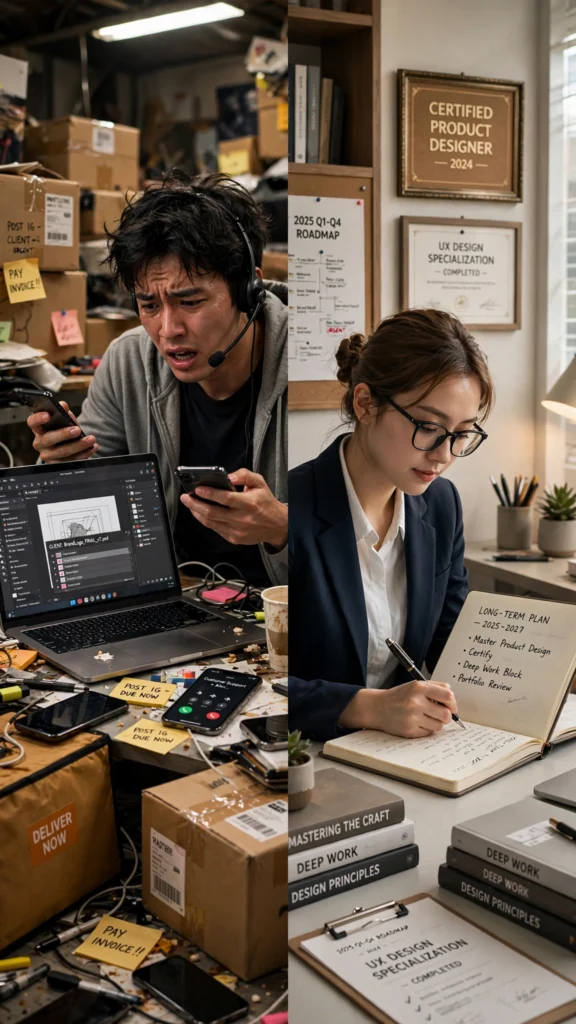 A comparison between a person overwhelmed by multiple side hustles and a professional focused on mastering a single career path.