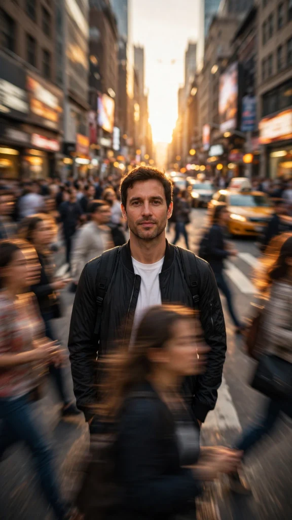 A calm and confident man stands composed while crowds rush around him, representing confidence built through daily habits and self-discipline.