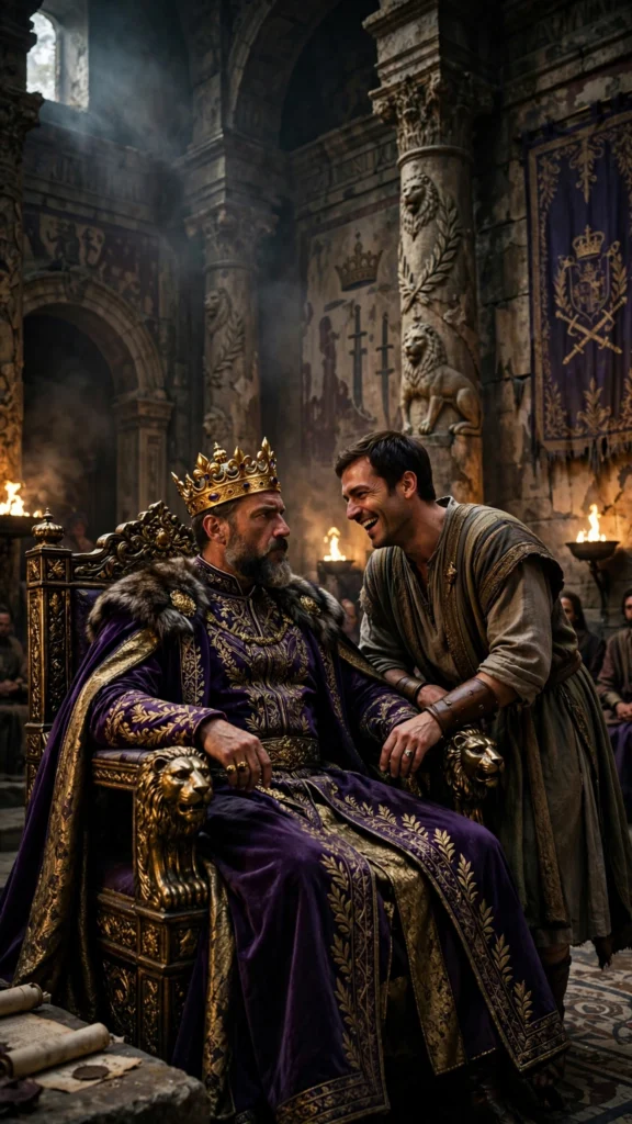 A trusted adviser stands too casually beside a crowned king, symbolising how familiarity with power can cause people to forget authority and boundaries.
