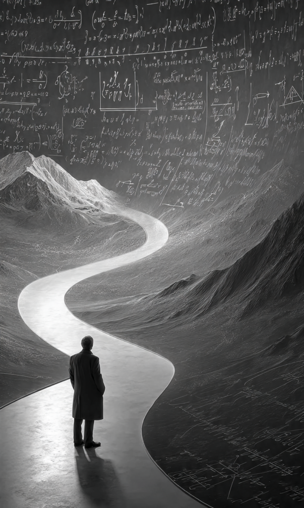 A mathematician studies a limit graph that transforms into a life journey, illustrating continuous growth through the concept of limits.