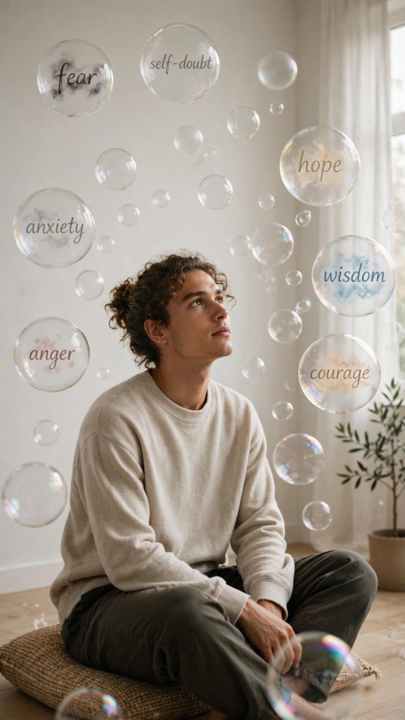 A person quietly observes thoughts floating around them instead of reacting, representing mindful awareness and metacognition.