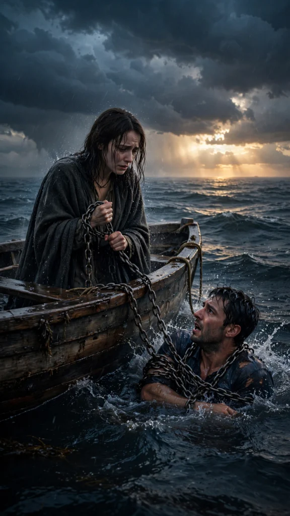 A grieving person holds a chain connected to someone drowning, illustrating how revenge keeps both people trapped while forgiveness offers freedom.