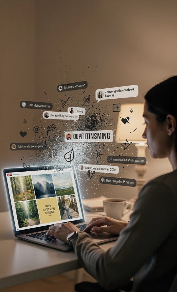 A person focusing on positive, uplifting content on a device while filtering out negative noise, symbolizing the protection of their mental space.