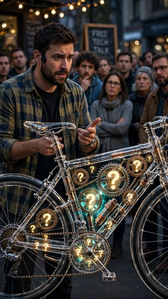 A man confidently tries to explain a bicycle's mechanics but realizes the complexity he never truly understood.