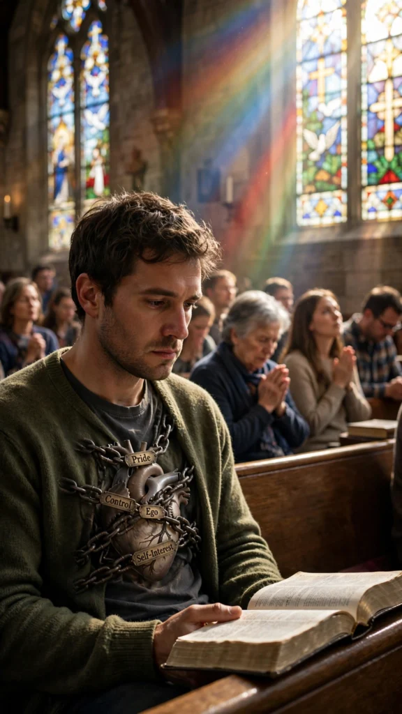 A churchgoer appears devoted outwardly but remains inwardly bound by pride and self-interest.