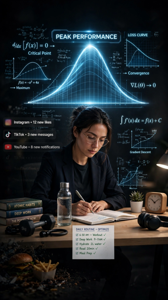 A focused professional works beneath optimization graphs while healthy habits replace distractions, symbolizing peak performance through an intentional daily routine.