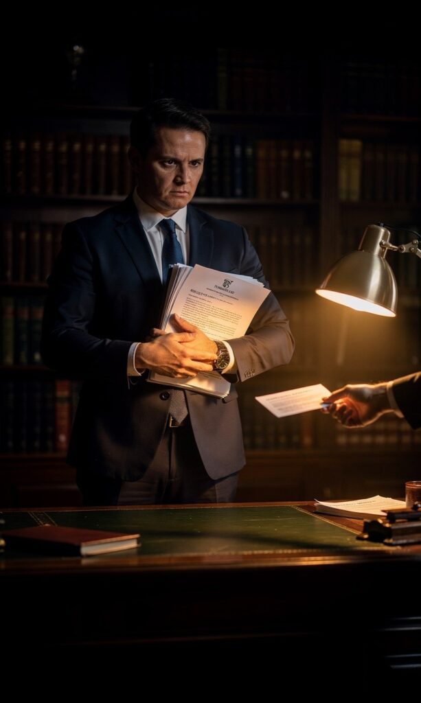 A focused, professional person stands at a desk protecting a stack of legitimate documents by firmly pushing away a shadowy hand trying to insert a false paper, symbolizing the act of standing with integrity against subversion.