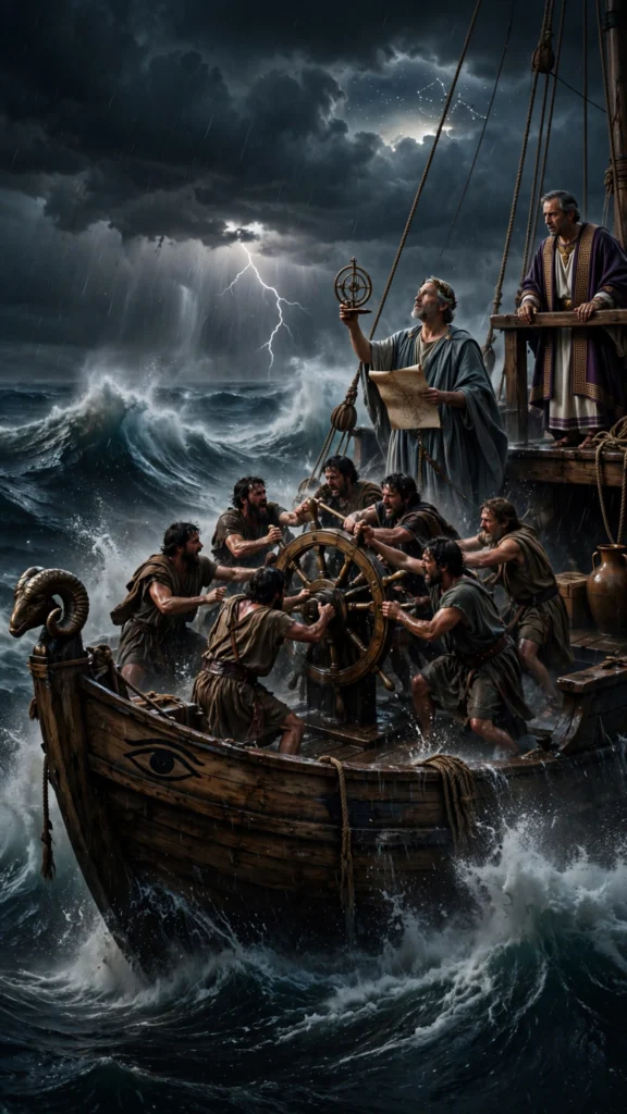 Plato’s Ship of State allegory showing sailors fighting for control while a knowledgeable navigator represents wisdom and competence.