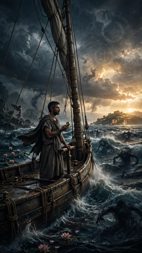 A solitary man navigates a stormy sea toward a distant illuminated Ithaca while resisting Sirens, lotus flowers, and inner monsters, symbolizing introspection, discipline, and the journey toward self-mastery.